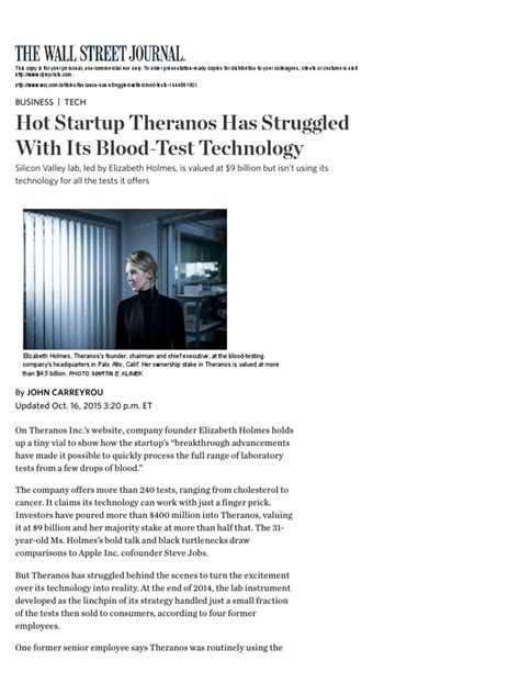 Hot Startup Theranos Has Struggled With Its Blood